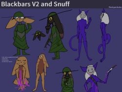 2026 4:3 ambiguous_gender anthro armor black_bars_(rockpankake) blood bodily_fluids colored_fire deer digital_media_(artwork) duo english_text felid feline fire flamethrower gas_mask green_fire hi_res holding_object holding_weapon kneeling knife mammal mask model_sheet nonbinary_(lore) ranged_weapon rockpankake self-harm snuff_(rockpankake) standing text weapon