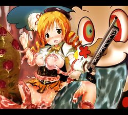 blush breasts censored charlotte_(madoka_magica) gun highres large_breasts mahou_shoujo_madoka_magica nipples pussy rape tear tentacle tomoe_mami weapon