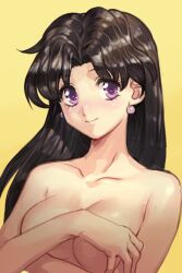 black_hair cleavage click_burgundy covering_breasts covering_self crossed_arms dark_brown_hair dark_hair earrings female female_only futari_ecchi holding_breast holding_breasts long_hair looking_at_viewer medium_breasts onoda_yura purple_eyes smile solo topless topless_female upper_body wavy_hair yellow_background