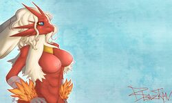 2011 adiago avian beak bird blaziken blue_eyes breasts female hair nipples nude pokemon pokemon_(species) pokemorph red solo standing white_fur white_hair