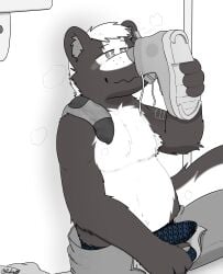 absurd_res anthro armpit_hair black_and_white blush bodily_fluids body_hair boots bottomwear clothed clothing digital_media_(artwork) dripping english_text erection erection_under_clothing footwear fur genital_fluids hair hi_res leaking_precum male mammal mephitid monochrome musk musk_cloud olidre olidre_(olidre) precum precum_drip scent_play shoe_fetish shoe_sniffing shoes simple_background sitting sitting_on_ground skunk smelling_shoe smelly smelly_socks smile sniffing sniffing_clothes sock_fetish solo sweat tail tenting text tuft underwear white_body