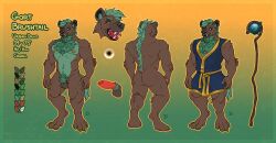 2023 animal_genitalia anthro arm_tuft brown_body brown_fur calf_tuft claws druid elbow_tuft fluffy fluffy_chest fur genitals gnoll gort_(itmeporps) gradient_background green_background green_body green_claws green_fur green_hair green_tail hair hyena interkos leg_tuft magic_user male mammal model_sheet nipples orange_pawpads pawpads penis pink_nipples pubes red_penis sheath shoulder_tuft simple_background solo staff tail tribal_spellcaster tuft tusks yellow_background