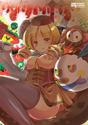 :p beret blonde_hair cake charlotte_(madoka_magica) cup drill_hair food fork hat lowres magical_girl mahou_shoujo_madoka_magica monster multicolored_eyes short_hair siukaukau24 stuffed_toy tomoe_mami tongue yellow_eyes