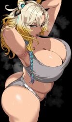 animal_ear_fluff animal_ears armpits arms_up ass bare_arms bare_shoulders black_background blonde_hair braid breasts cleavage closed_mouth drogod_(artist) female from_side genshin_impact green_eyes grey_panties hella_p highres huge_ass huge_breasts long_hair looking_at_viewer looking_to_the_side panties plump simple_background solo steaming_body sweat thick_thighs underwear wide_hips xilonen_(genshin_impact)