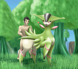 1boy blush brown_eyes cervine color cum deer duo female feral from_behind furry grass human interspecies male outdoors outlander-ole penetration pokemon pokemon_(species) pokephilia red_eyes sex standing straight trees virizion