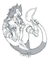 arm_warmers ass balls blush claws collar girly hair leg_warmers looking_at_viewer male male_only murrkus penis sergal sketch solo spottyjaguar spread_legs spreading tail