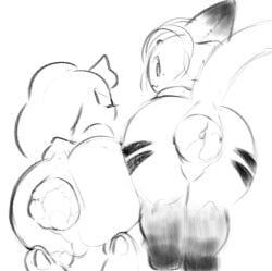 anthro anus ass balls crouching crowning_feces duo eyebrows feces floppy_ears fur fur_markings genitals head_tuft lagomorph leporid looking_at_viewer looking_back looking_back_at_viewer male male_pooping mammal markings monochrome nonbinary_(lore) pooping_together rabbit raised_eyebrows raised_tail scat scatplay scut_tail short_tail smile tail tiosqr tuft