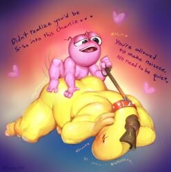 2boys 2d adult_swim anal anal_sex blush charlie_(smiling_friends) charlie_dompler collar encouragement fat gay hazziybs leash leash_and_collar leash_pull male male/male male_only overweight overweight_male penis pim_(smiling_friends) pim_pimling pink_body pink_skin size_difference smiling_friends text yaoi yellow_body yellow_skin