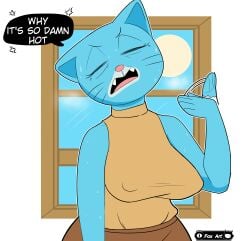 1girls 2025 4_fingers absurd_res afterimage annoyed anthro artist_logo artist_name asking asking_self asking_why bare_shoulders bent_arm big_breasts big_nipples black_eyebrows black_markings black_speech_bubble blue_body blue_ears blue_fur blue_inner_ear blue_sky bodily_fluids bottomwear breasts brown_bottomwear brown_clothing brown_skirt cartoon_network closed_eyes clothed clothed_anthro clothed_female clothing cross-popping_vein curved_eyebrows day detailed_background dialogue digital_drawing_(artwork) digital_media_(artwork) domestic_cat english_text eyebrows eyelashes facial_markings fangs fanning felid feline felis female female_only fingers foxart950 fully_clothed fully_clothed_anthro fully_clothed_female fur head_markings head_tilt heat_(temperature) hi_res humanoid_hands light_body light_fur logo long_eyelashes mammal markings mary_senicourt mature mature_anthro mature_female mature_woman milf motion_lines musk musk_cloud muzzle_(marking) nipple_outline nipples open_mouth outline pink_nose pink_tongue pointy_ears prick_ears profanity question skirt sky sleeveless_clothing sleeveless_sweater sleeveless_topwear sleeveless_turtleneck snout solo solo_female speech_bubble standing sun sweat sweater sweaty_body sweaty_face talking_to_self tear_trough teeth text the_amazing_world_of_gumball thin_eyebrows three-quarter_view tongue topwear turtleneck whisker_markings white_markings white_outline white_text window yellow_clothing yellow_sweater yellow_topwear