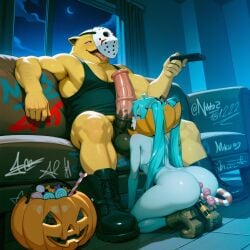 ai_generated artist_name boots candy_cane candy_cane_in_ass completely_nude completely_nude_female drowzee graffiti hatsune_miku hockey_mask horsecock huge_penis indoors leaking_penis licking_penis nibba night_sky pumpkin saliva signature sitting small_breasts twitter_username zombie_girl