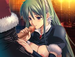 atelier_kaguya breasts censored clothing color dungeon_crusaderz_(series) dungeon_crusaderz_2 ende_(dungeon_crusaderz) fellatio female game_cg green_hair hair hairband handjob large_breasts m&m_(mickey_and_mackey) oral penis purple_eyes