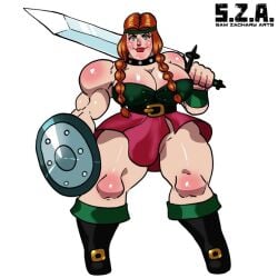 adult_swim big_thighs cartoon_network cartoony daughter female_warrior flora_(samurai_jack) front_view irish muscle_mommy muscular muscular_female samurai_jack samzacharyarts shield sword thick_thighs thighs