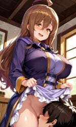 1boy 1girls ai_generated big_breasts blush brown_hair cute female female_focus kono_subarashii_sekai_ni_shukufuku_wo! licking_pussy lifting_dress no_panties pixai pixiv sexy_body shiokonbu shiokonbu_art_style wiz_(konosuba)