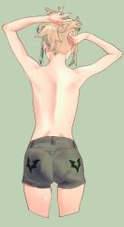 1girls arms_up ass back back_focus back_view bare_back bare_shoulders blonde_hair cropped_legs facing_away female_only from_behind green_shorts henken original short_shorts shorts sienna_(henken) simple_background sketch small_breasts solo solo_female topless_female tying_hair