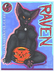 anthro black_cat breasts claws fangs feline female fur furry halloween hindpaw jack-o'-lantern james_m_hardiman looking_at_viewer necklace nude piercing pumpkin raven_(character) sitting skull solo