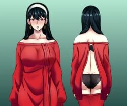 1girls 2025 2d 2d_animation ass black-haired_female black_hair_red_eyes black_lingerie black_panties blank_eyes blank_stare blush bouncing_breasts breasts collarbone cowboy_shot cyan_background earrings electrickronos empty_eyes empty_mind exposed_breasts exposed_nipples eyes female female_human female_only front_and_back gold_earrings gradient_background human hypnosis jiggle jiggle_physics jiggling_ass jiggling_breasts large_breasts legs light-skinned_female light_skin lingerie mind_control multiple_views navel nipples no_sound open_back_sweater open_mouth pointy_chin red-eyed_female red_eyes red_topwear removing_clothing short_video shorter_than_10_seconds simple_animation simple_background slight_blush spy_x_family stripping teal_background thorn_princess undressing video white_headband wide_hips yor_briar yor_forger