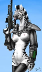 anthro armor breasts equine exposed_torso fallout female furry gun nipples nude parody pip-boy pussy rifle sniper_rifle unconvincing_armour weapon zebra