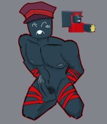 1boy balls black_skin bondage dick hat male male_only nipples on_knees patrol_(the_battle_bricks) penis precum reference_image roblox roblox_game robloxian solo tagme the_battle_bricks