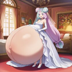 ai_generated bride bride_gown bride_veil hyper_pregnancy iono_(pokemon) lazybonesai multicolored_hair pokemon pokemon_sv pregnant pregnant_belly pregnant_female