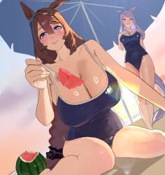 2girls animal_ears animal_tail beach beach_umbrella blue_eyes blue_swimsuit blurry blush braid braided_hair breasts brown_hair cleavage cleft_of_venus closed_mouth depth_of_field ear_accessory ear_ornament eyebrows_visible_through_hair food fork from_below fruit hair_between_eyes hand_behind_back hand_on_chest highres hintobento holding holding_fork holding_object horse_ears horse_girl horse_tail huge_breasts large_breasts long_hair looking_at_viewer mejiro_mcqueen_(umamusume) multiple_girls offering_food offering_to_viewer one-piece_swimsuit outdoors parasol purple_eyes purple_hair school_swimsuit sitting sky smile smiling standing sunlight super_creek_(umamusume) swept_bangs swimsuit tail umamusume umamusume_pretty_derby wariza watermelon watermelon_slice white_streak
