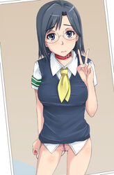 1girls blue_eyes blue_hair collar female glasses ichihisa konori_mii photo_(object) pubic_hair pussy school_uniform short_hair solo standing teenage_girl teenager to_aru_kagaku_no_railgun to_aru_majutsu_no_index uncensored v vibrator young