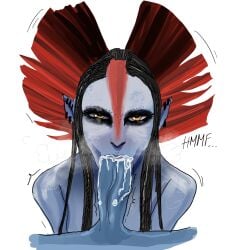 avatar avatar:_fire_and_ash big_penis blowjob blue_skin cum cum_in_mouth na'vi na’vi varang xaawo yellow_eyes