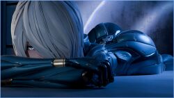 1girls 3d 3d_(artwork) android ass_up big_ass blue_eyes exosuit female female_focus hair_over_one_eye highres light-skinned_female light_skin lying lying_on_stomach musiix nier:_automata nier_(series) robot robot_girl self_upload space white_hair yorha_a2