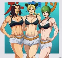 3girls big_breasts blonde_female blonde_hair blonde_pubic_hair blue_eyes bra braid breasts brown_eyes brown_hair dark-skinned_female dark_skin ermes_costello female female_only fit_female foo_fighters fully_clothed green_eyes green_hair jojo's_bizarre_adventure jojo_reference jolyne_kujo pierced_belly_button piercing short_hair shorts stone_ocean two_tone_hair z3husky