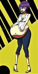 1girls 2017 belly_bulge big_belly blue_eyes blue_hair burping digestion digestion_noises dranthule embarrassed heels looking_away looking_down necklace obese persona persona_4 request shirogane_naoto stuffed_belly