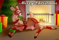 1girls 2019 bondage cervine christmas cloven_hooves deer deer_ears deer_tail english english_text female female_only feral feral_only fireplace furry furry_only gift gift_wrapped holidays hoodie loimu loimu_(character) looking_at_viewer nipples original presents purple_eyes tan_body tan_fur teats tongue tongue_out udders udders_touching_ground