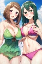 2girls ai_generated beach big_breasts bikini bikini_bottom bikini_top blush breast_squeeze breast_to_breast breasts breasts_touching brown_hair cleavage clothes_swap eye_contact female female_focus female_only females_only green_bikini green_eyes green_hair hand_on_breast hand_on_chest highres large_breasts long_hair looking_at_viewer medium_hair mouth_open my_hero_academia ochako_uraraka open_mouth pink_bikini pink_eyes pov pov_eye_contact shounen_jump small_waist smile smiling_at_viewer swimwear teasing tight_fit tsuyu_asui water wet wet_clothes wet_skin