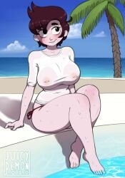 1girls 2d 2d_(artwork) artist_name barbell_piercing beach big_breasts breasts brown_eyes brown_hair commissioner_upload feet female female_only juicydemon large_breasts light-skinned_female light_skin nipple_piercing no_pants outdoors outside pale-skinned_female pale_skin palm_tree pierced_nipples pool see-through short_hair solo solo_female solo_focus sweat thick_eyebrows tomboy water watermark wet_clothes wet_shirt wolf_romure