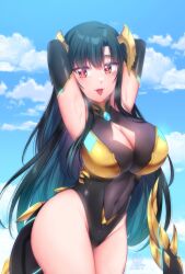 1girls catniipz cleavage_cutout clouds enormous_breasts eyebrows_visible_through_hair female female_only horns kaiju_girl light-skinned_female light_skin outside pixela_legends pixela_project red_eyes sky sole_female solo tagme tail tongue tongue_out umino_ciala virtual_youtuber