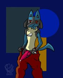 anthro bodily_fluids bottomwear canid canine clothed clothing digital_media_(artwork) erection fur generation_4_pokemon genital_fluids genitals hi_res looking_at_viewer lucario male male_only mammal nintendo open_bottomwear open_clothing open_pants pants penis pokemon pokemon_(species) ronai_fox simple_background smile solo tail