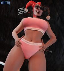 1girls 3d 3d_(artwork) batcave batman:_arkham_knight batman_(series) big_breasts blender_(software) bra calvin_klein clussy dc dc_comics domino_mask female female_only funny harley_quinn harley_quinn_(classic) harley_quinn_(injustice) humor imminent_sex injustice_2 makeup panties smitty34 solo sports_bra tagme text underwear villain villainess wedding_ring wife