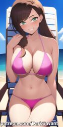 beach big_breasts breasts brown_hair clothed green_eyes hair hourglass_figure human legs long_hair original_character pink_bikini seductive seductive_look seductive_smile sexy_beach smile smiling tan_body tan_skin thick_thighs