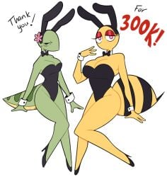 bee bee_stinger blush bowtie breasts bunny_ears bunnysuit choker curvy curvy_female curvy_figure digital_art eyelashes flower four_fingers green_skin high_heels honey_(idolomantises) idolomantises love_heart_eyes mothmilfs papaya_(idolomantisies) yellow_body