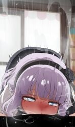 1boy absurdres all_the_way_to_the_base bar_censor black_hairband black_skirt blue_eyes blunt_bangs blush censored dagashi_kashi deepthroat erection fellatio female hairband highres indoors looking_at_viewer mizumizuni nose_blush oral penis pov purple_hair ringed_eyes saliva shidare_hotaru shirt short_hair short_sleeves skirt solo_focus straight suspender_skirt suspenders tearing_up veins veiny_penis white_shirt