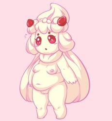 2019 alcremie belly big_belly blush blush_stickers breasts featureless_feet female food food_creature food_humanoid front_view fruit full-length_portrait generation_8_pokemon genitals glistening glistening_eyes hi_res humanoid monochrome navel nintendo nipples not_furry nude open_mouth overweight overweight_female pink_and_white pink_background plant pokemon pokemon_(species) portrait pseudo_hair pussy red_sclera simple_background small_breasts solo standing strawberry tourmalice young