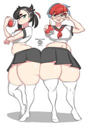 2girls alternate_breast_size black_hair blue_hair breasts commission female game_freak glasses large_breasts light-skinned_female light_skin looking_at_viewer marnie_(pokemon) nintendo onaeane penny_(pokemon) pokemon pokemon_ss pokemon_sv red_hair school_uniform schoolgirl short_skirt skirt slim_waist thick_thighs twintails two_tone_hair wide_hips