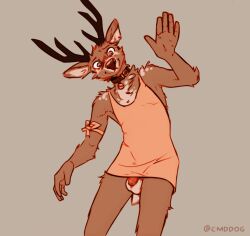 2023 anthro antlers balls biped blush bottomless bottomless_anthro bottomless_male clothed clothing collar crossdressing deer digital_media_(artwork) dress flaccid fur genitals gesture grey_eyes horn humanoid_genitalia humanoid_penis lawyerdog looking_at_viewer male mammal panko_(lawyerdog) penis short_dress smile smiling_at_viewer solo waving waving_at_viewer white_balls white_body white_fur