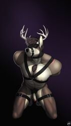 9:16 abs anthro antlers areola balls black_background black_collar black_nose blindfold body_hair body_harness bondage bondage_gear bound brown_body brown_fur brown_hair chest_hair chest_tuft choker collar cuff_(restraint) deer erection feet foreskin fur genitals glans gradient_background hair hands_behind_back harness hi_res horn humanoid_genitalia humanoid_penis jewelry kneeling legband looking_at_viewer male male_only mammal muscular muscular_male muzzle_(object) muzzled necklace nipples nude pecs penis pink_areola pink_glans pink_nipples plantigrade pubes purple_background red_glans restraints rook_(lazymoose) scar simple_background slim snout solo submissive submissive_male thigh_cuffs toes tuft vein veiny_penis vogelrove white_antlers white_penis