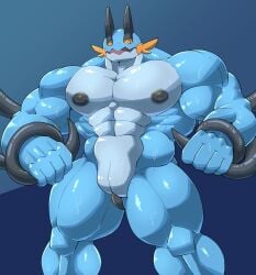 abs anthro biceps blue_body bound generation_3_pokemon hands_tied hi_res male male_only mammal muscular muscular_anthro muscular_male nintendo nipples open_mouth pecs peril pokemon pokemon_(species) sharkinn slit solo swampert tentacle tentacle_monster yellow_eyes