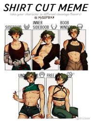 1boy abs adonis_belt athletic athletic_male bare_midriff binder booty_shorts bulge collage crop_top crossdressing crossdressing_male curly_hair elbow_gloves exposed_midriff femboy freckles freckles_all_over freckles_on_face freckles_on_shoulders gloves green_eyes green_hair harness hips izuku_midoriya jacket leggings male male_focus male_only manly_crossdresser middfoxx midriff muscular muscular_male my_hero_academia narrow_waist pecs pectorals shirt_cut_meme sleeveless sleeveless_shirt solo solo_focus solo_male straight_hair sweatpants tanktop twink undressing