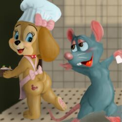 1boy 1boy1girl 1girls anthro apron apron_only ass ass big_ass big_butt canid canine canine cookieann cub disney duffy_and_friends food furry furry_only kitchen looking_at_another looking_back mouse mousetache open_mouth pawpads paws pointing rat ratatouille remy rodent smile smiling