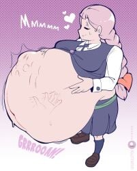 1girls ambiguous_prey bbw big_breasts digestion_noises fat green_glutton heart jasminka_antonenko little_witch_academia post_vore struggling_prey sweatdrop vore vore_belly