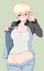 blue_eyes breasts girls_und_panzer keizoku_military_uniform open_jacket tagme very_short_hair white_hair youko_(girls_und_panzer) yu_to_ryoku