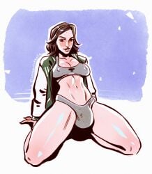 1futa big_penis blush breasts brown_hair bulge cleavage clothed clothing colored flaccid futa_only futanari green_jacket grey_panties grey_underwear human jacket jacket_open kneeling light-skinned_futanari light_skin long_hair looking_at_viewer open_clothes panties partially_clothed penis sensualstroke solo solo_futa spread_legs tagme undergarments