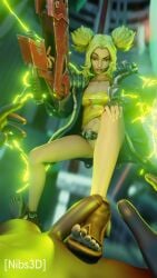 3d asian_female black_body black_male feet foot_fetish footjob_with_one_foot footwear green_hair gun league_of_legends league_of_legends:_wild_rift lightning nibs3d pinned pinned_down pinup weapon zeri_(league_of_legends)