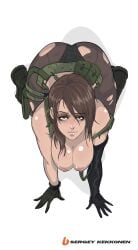 alternate_version_available arm_glove artist_logo artist_name bare_shoulders big_breasts black_panties boots brown_hair cleavage glove gloves green_eyes kojima_productions looking_at_viewer mascara metal_gear_solid metal_gear_solid_v nipples on_all_fours quiet_(metal_gear) sergey_kekkonen solo_female torn_pantyhose white_background wide_hips